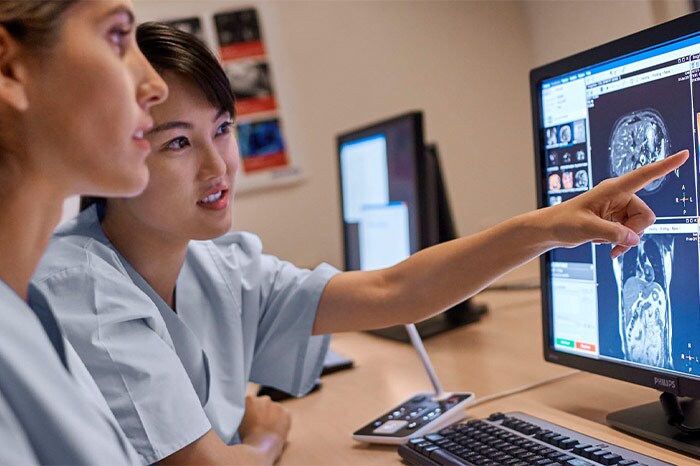 Two doctors using computer