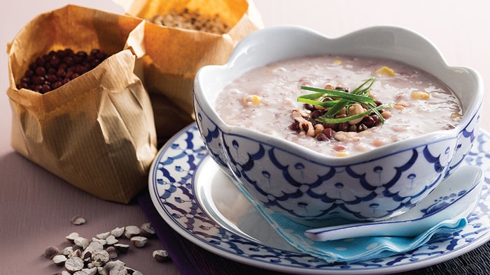 Sweet Corn Congee with Coix Seed, Red Bean and Fox Nut