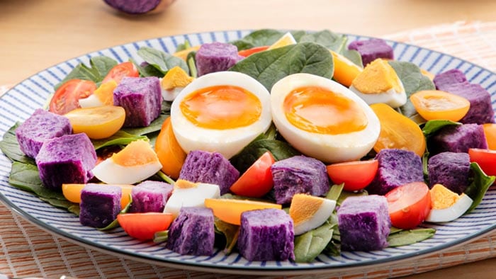Soft Boiled Egg with Baked Purple Potato Salad