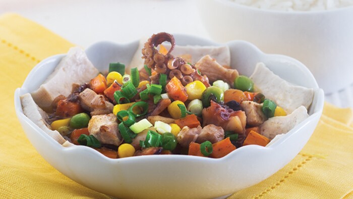 Steamed Bean Curd with Dried Octopus, Chicken and Blackbean