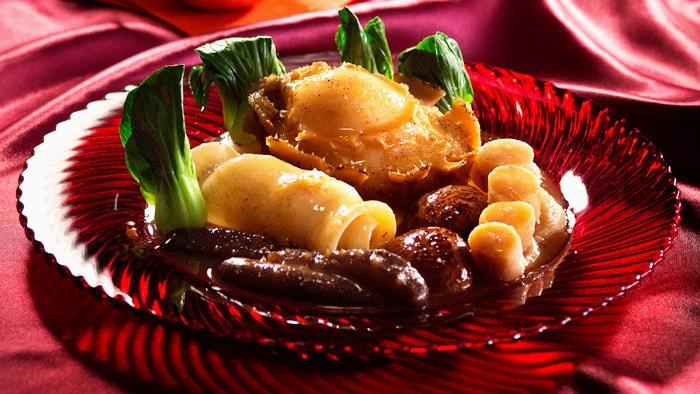 Stewed Sea Cucumber, Fish Maw and Abalone with Shrimp Roe