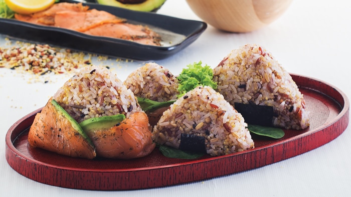 Ten Grains Onigiri Rice Balls with Smoked Salmon and Avocado