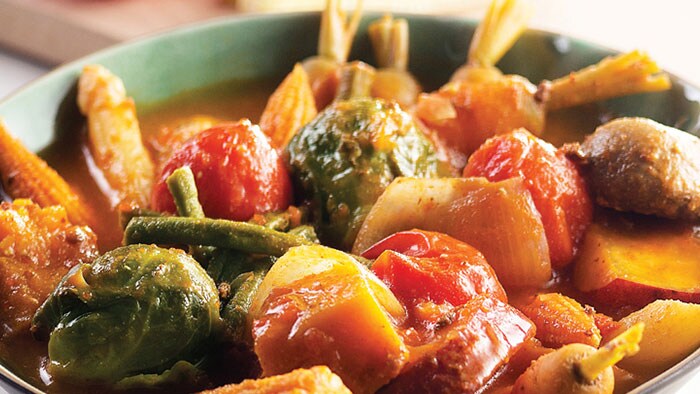 Stewed assorted vegetables with mustard and tomato sauce