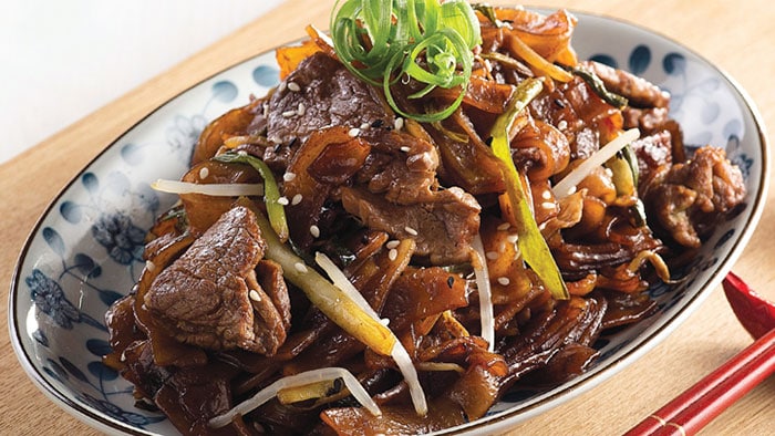 Stir-fried rice noodles with Wagyu beef and  premium soy sauce